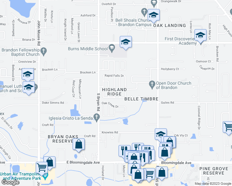 map of restaurants, bars, coffee shops, grocery stores, and more near 2821 Manor Hill Drive in Brandon