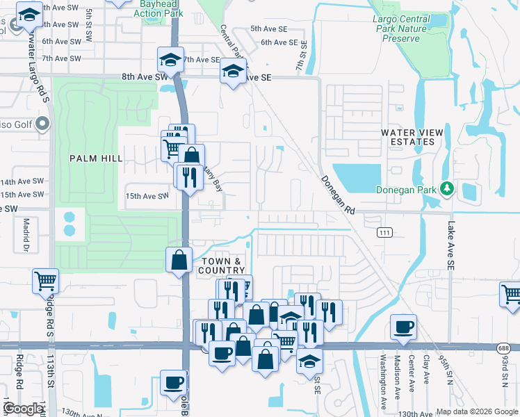 map of restaurants, bars, coffee shops, grocery stores, and more near 435 16th Avenue Southeast in Largo