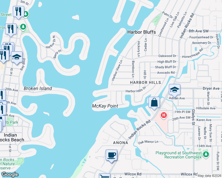 map of restaurants, bars, coffee shops, grocery stores, and more near 1694 Harbor Circle East in Largo