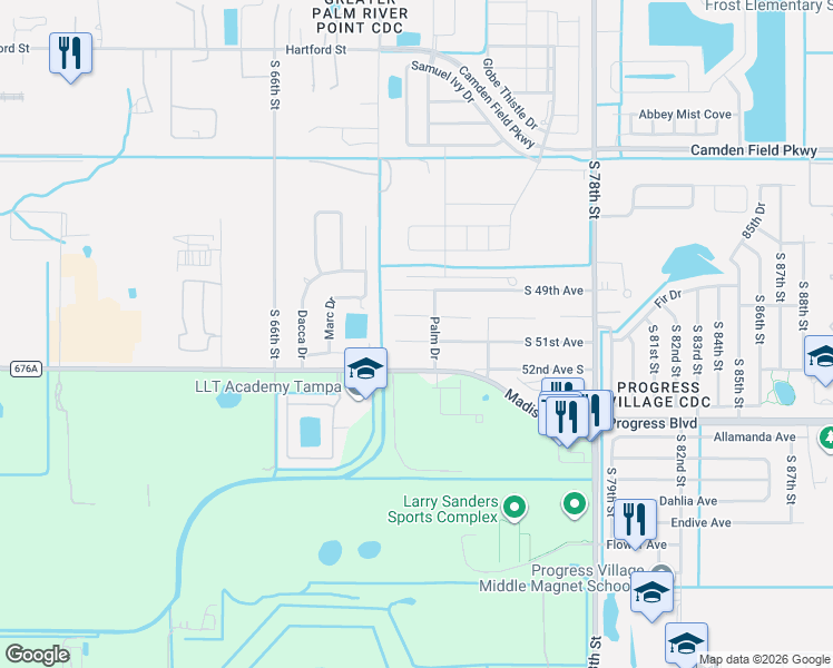 map of restaurants, bars, coffee shops, grocery stores, and more near 7017 South 51st Avenue in Tampa
