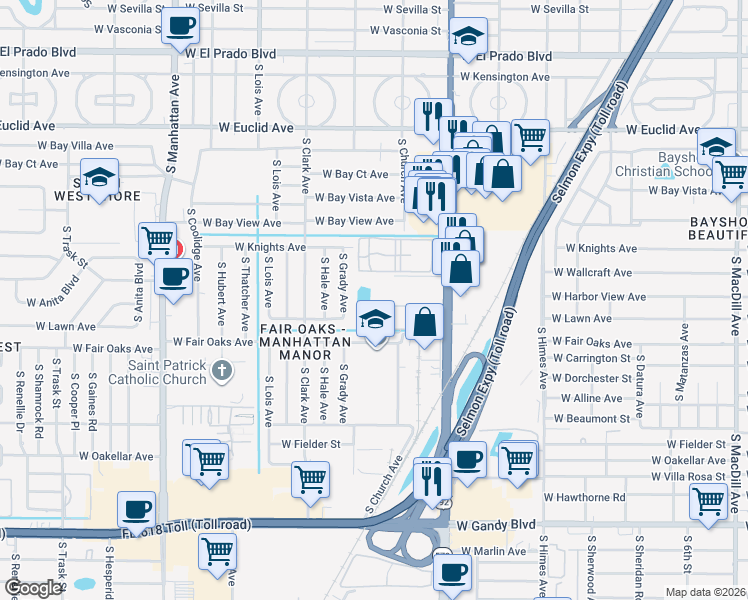 map of restaurants, bars, coffee shops, grocery stores, and more near 3812 North Oak Drive in Tampa