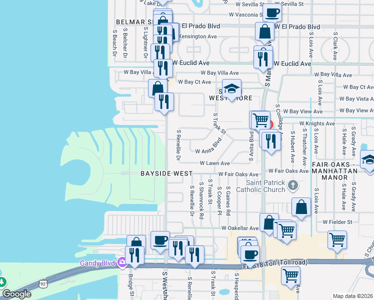 map of restaurants, bars, coffee shops, grocery stores, and more near 4318 South Renellie Drive in Tampa