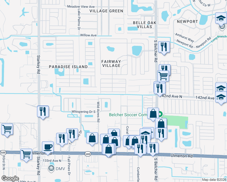 map of restaurants, bars, coffee shops, grocery stores, and more near 1701 Whispering Drive North in Largo