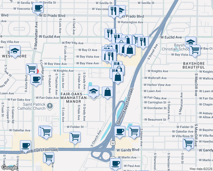 map of restaurants, bars, coffee shops, grocery stores, and more near 4307 South Dale Mabry Highway in Tampa