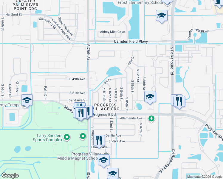 map of restaurants, bars, coffee shops, grocery stores, and more near 4905 South 83rd Street in Tampa