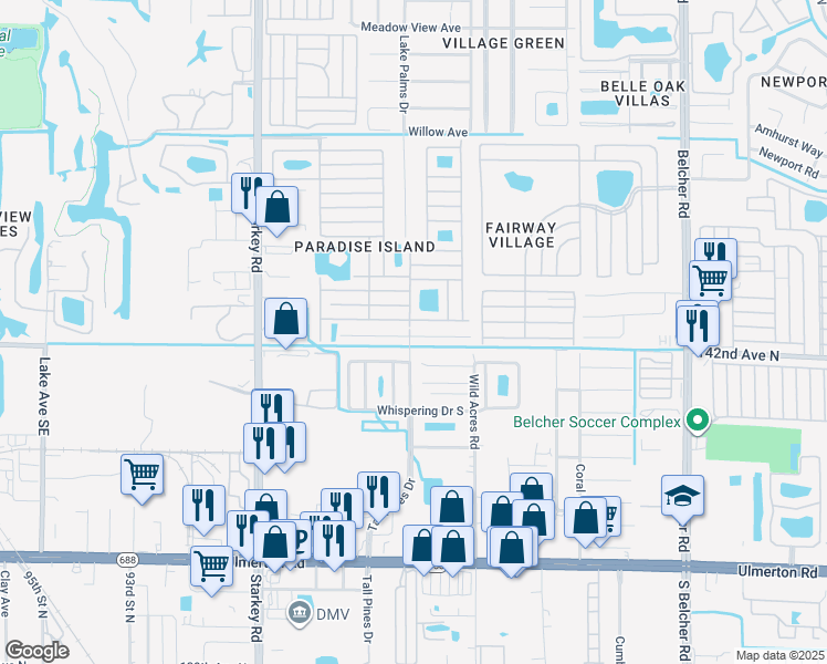 map of restaurants, bars, coffee shops, grocery stores, and more near 46 South Pines Drive in Largo