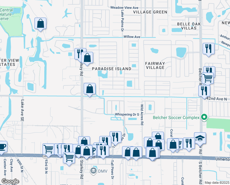 map of restaurants, bars, coffee shops, grocery stores, and more near 21 South Pines Drive in Largo