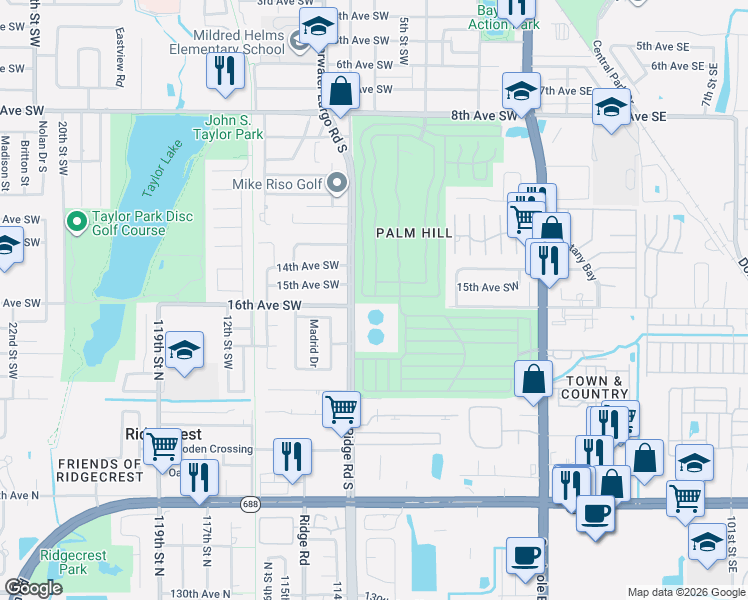 map of restaurants, bars, coffee shops, grocery stores, and more near 100 Thatch Way in Largo
