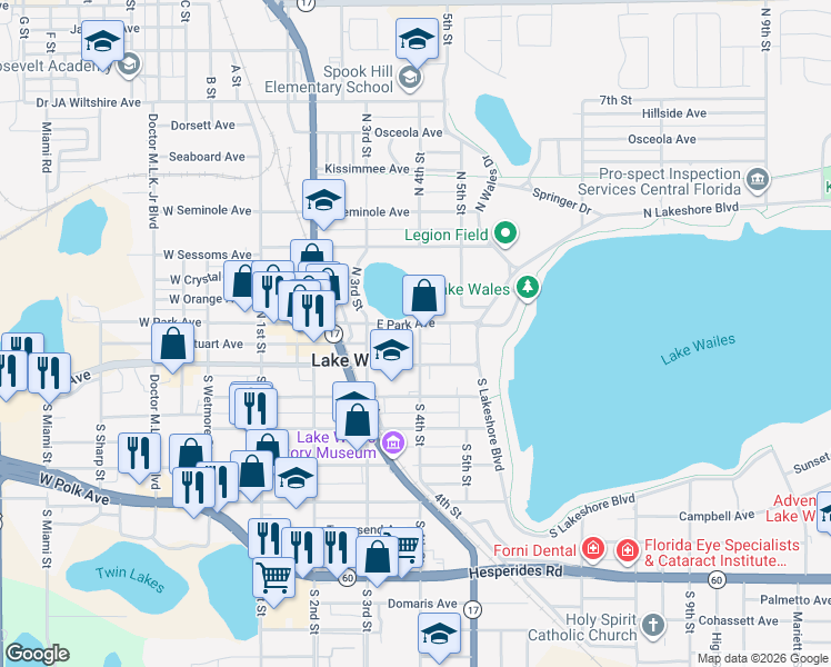 map of restaurants, bars, coffee shops, grocery stores, and more near 360 East Park Avenue in Lake Wales