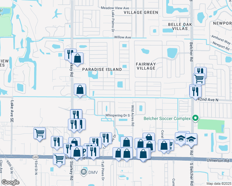 map of restaurants, bars, coffee shops, grocery stores, and more near 46 South Pines Drive in Largo