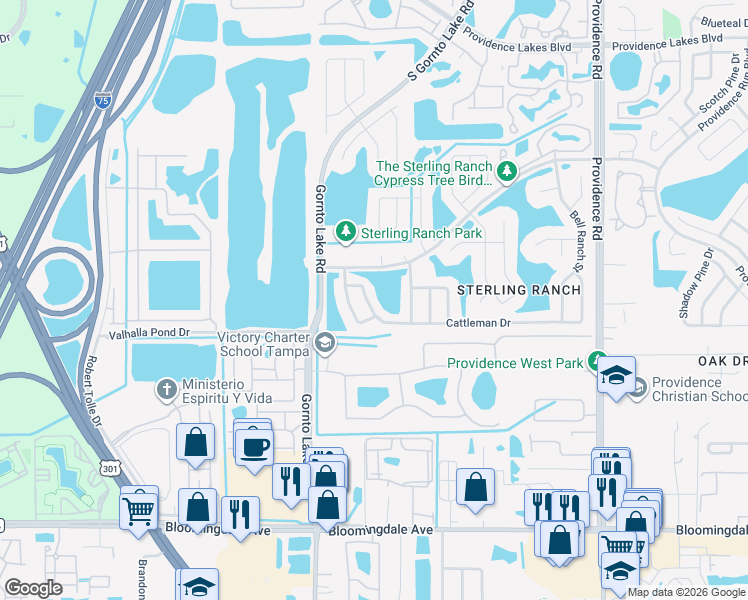 map of restaurants, bars, coffee shops, grocery stores, and more near 2407 Cattleman Drive in Brandon