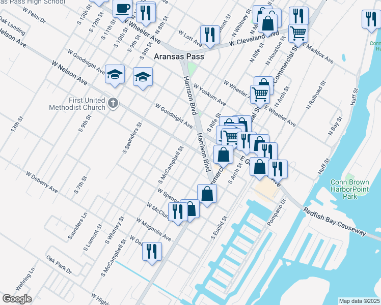 map of restaurants, bars, coffee shops, grocery stores, and more near 448 South Rife Street in Aransas Pass