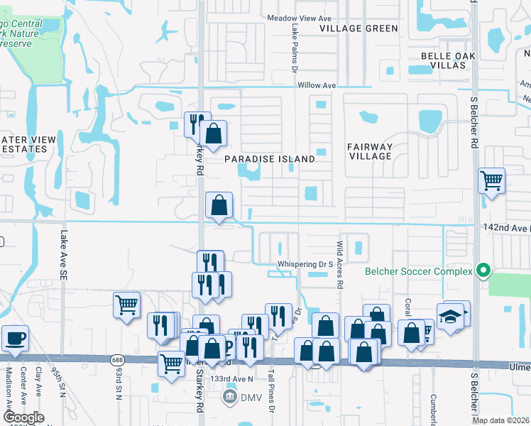 map of restaurants, bars, coffee shops, grocery stores, and more near 2811 South Pines Drive in Largo