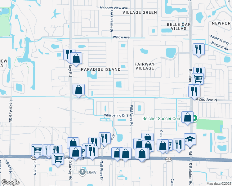 map of restaurants, bars, coffee shops, grocery stores, and more near 46 South Pines Drive in Largo