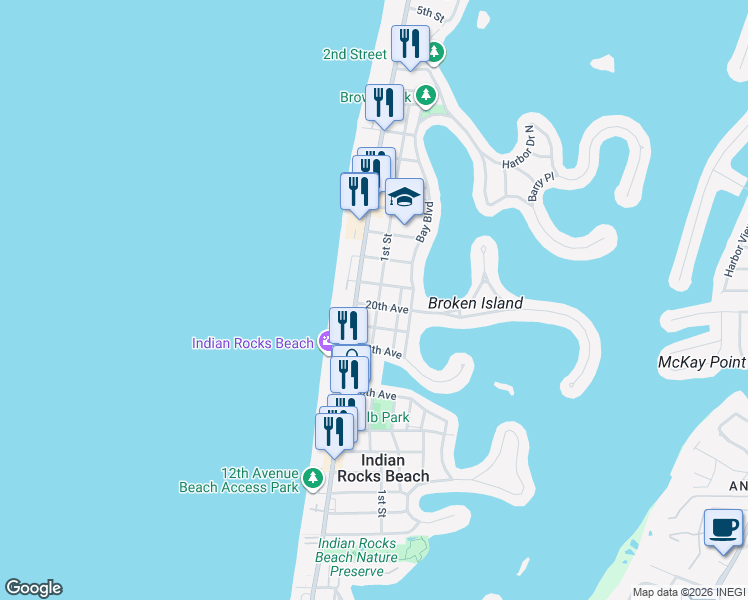 map of restaurants, bars, coffee shops, grocery stores, and more near 204 21st Avenue North in Indian Rocks Beach
