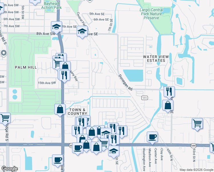 map of restaurants, bars, coffee shops, grocery stores, and more near 601 16th Avenue Southeast in Largo