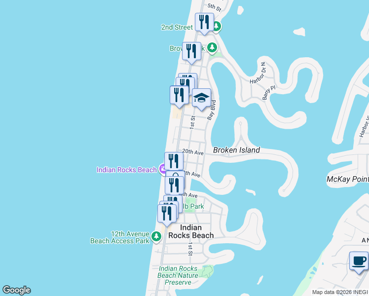 map of restaurants, bars, coffee shops, grocery stores, and more near 204 21st Avenue North in Indian Rocks Beach