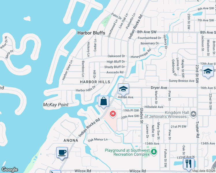 map of restaurants, bars, coffee shops, grocery stores, and more near 1598 Brookside Boulevard in Largo