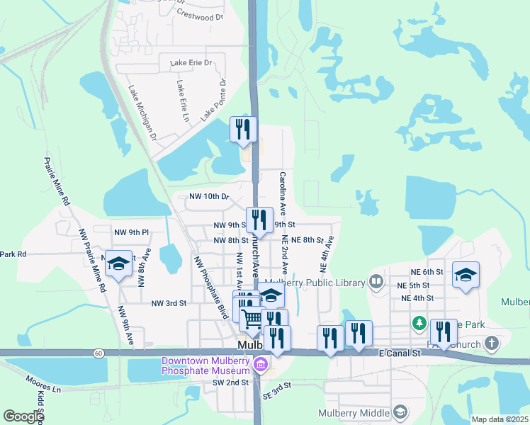 map of restaurants, bars, coffee shops, grocery stores, and more near 1001 North Church Avenue in Mulberry