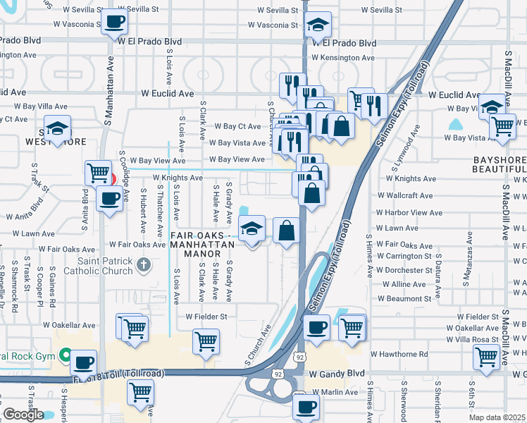 map of restaurants, bars, coffee shops, grocery stores, and more near 3817 North Oak Drive in Tampa