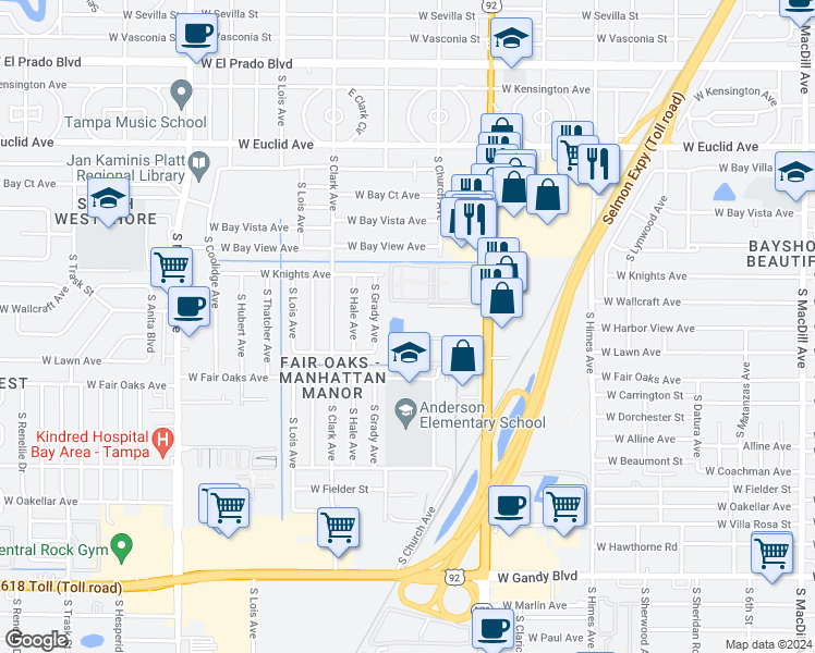 map of restaurants, bars, coffee shops, grocery stores, and more near 3817 North Oak Drive in Tampa