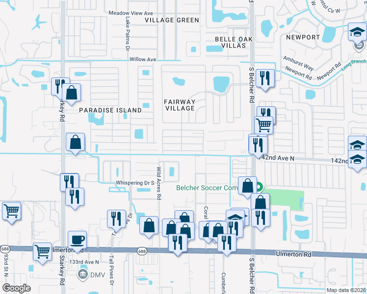map of restaurants, bars, coffee shops, grocery stores, and more near 625-668 Fairway Blvd in Largo