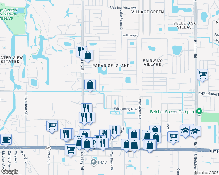 map of restaurants, bars, coffee shops, grocery stores, and more near 21 South Pines Drive in Largo