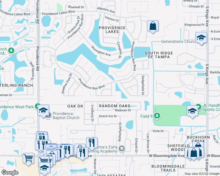 map of restaurants, bars, coffee shops, grocery stores, and more near 2002 Culpepper Drive in Brandon