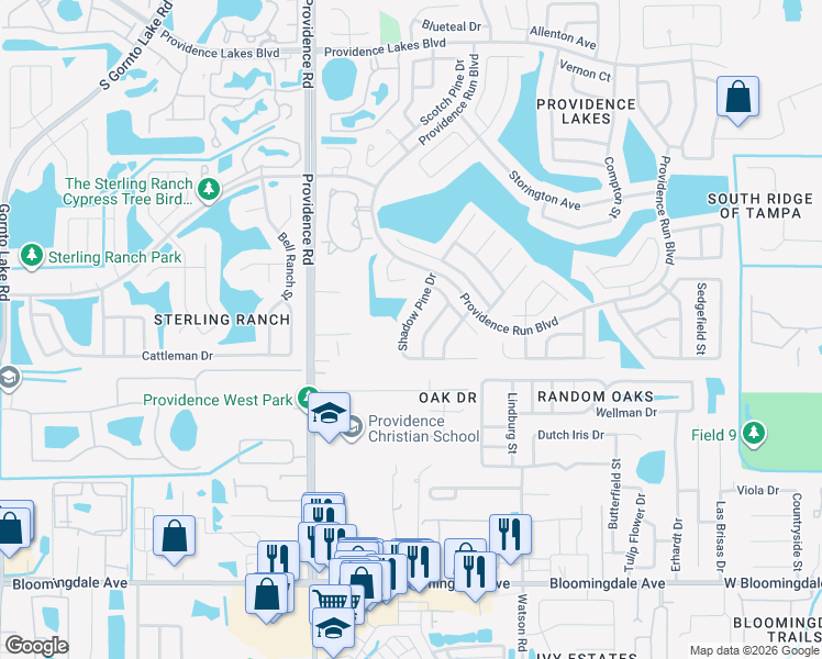 map of restaurants, bars, coffee shops, grocery stores, and more near 2024 Shadow Pine Drive in Brandon