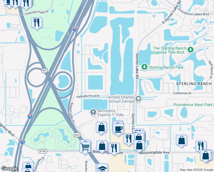map of restaurants, bars, coffee shops, grocery stores, and more near 4840 Pond Ridge Drive in Riverview