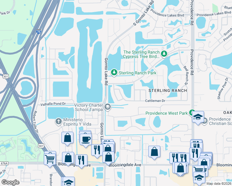 map of restaurants, bars, coffee shops, grocery stores, and more near 2421 Cattleman Drive in Brandon