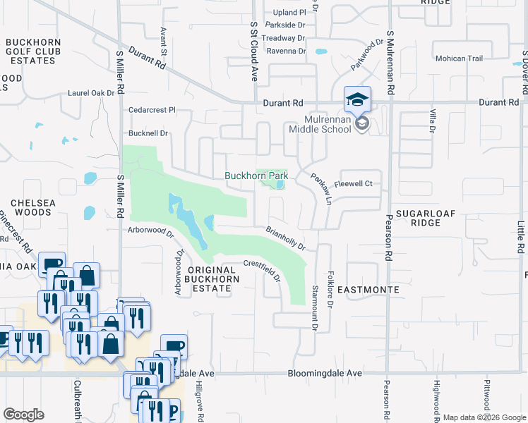 map of restaurants, bars, coffee shops, grocery stores, and more near 2614 Dewberry Street in Valrico