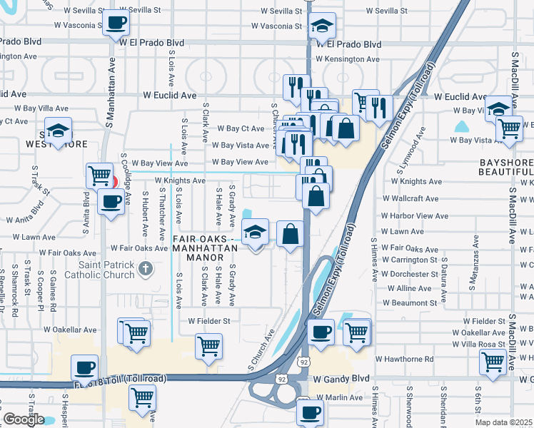 map of restaurants, bars, coffee shops, grocery stores, and more near 3817 North Oak Drive in Tampa