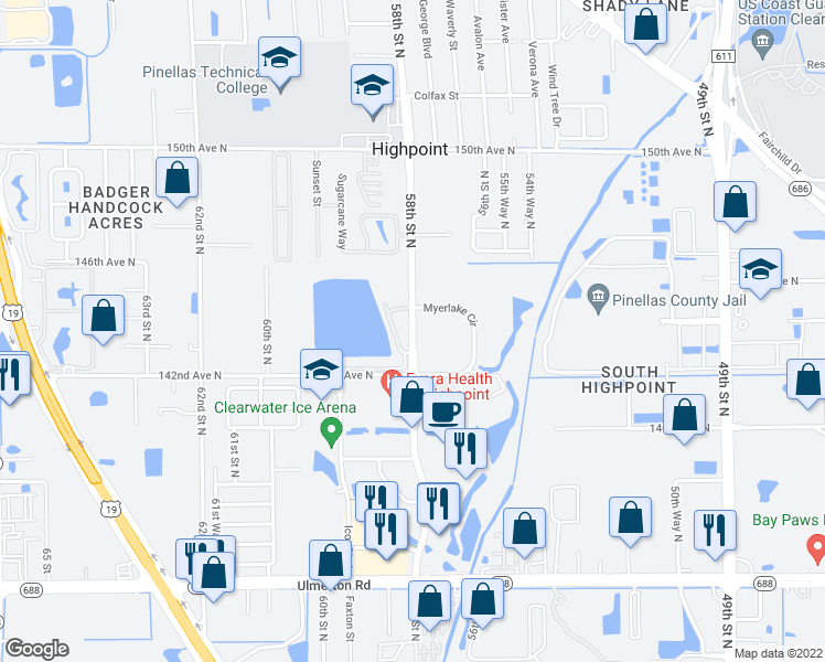 map of restaurants, bars, coffee shops, grocery stores, and more near 14540 58th Street North in Clearwater