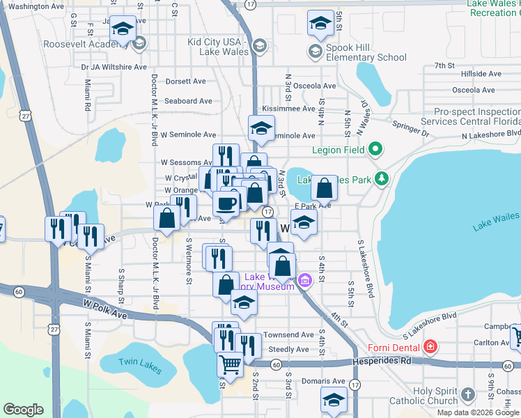 map of restaurants, bars, coffee shops, grocery stores, and more near 275 East Park Avenue in Lake Wales