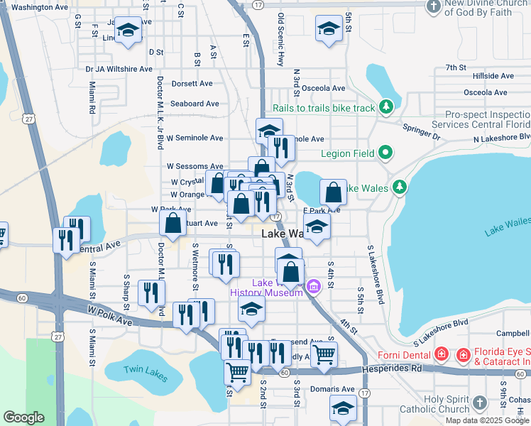 map of restaurants, bars, coffee shops, grocery stores, and more near 205 East Park Avenue in Lake Wales