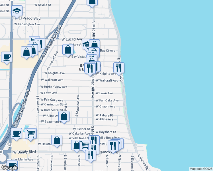 map of restaurants, bars, coffee shops, grocery stores, and more near 2928 West Wallcraft Avenue in Tampa