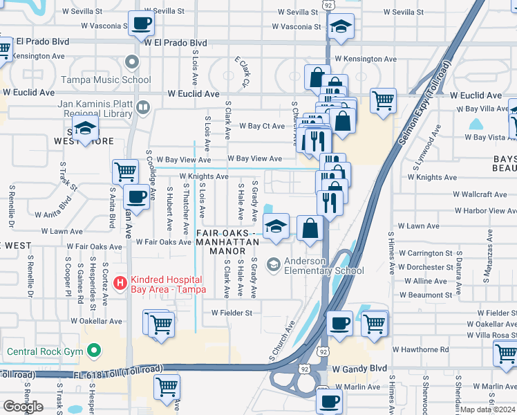 map of restaurants, bars, coffee shops, grocery stores, and more near 4312 South Grady Avenue in Tampa