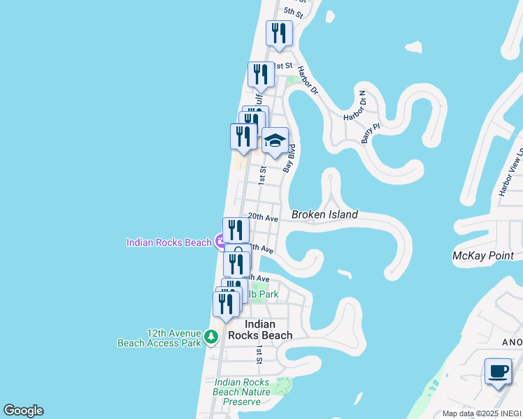 map of restaurants, bars, coffee shops, grocery stores, and more near 204 21st Avenue North in Indian Rocks Beach