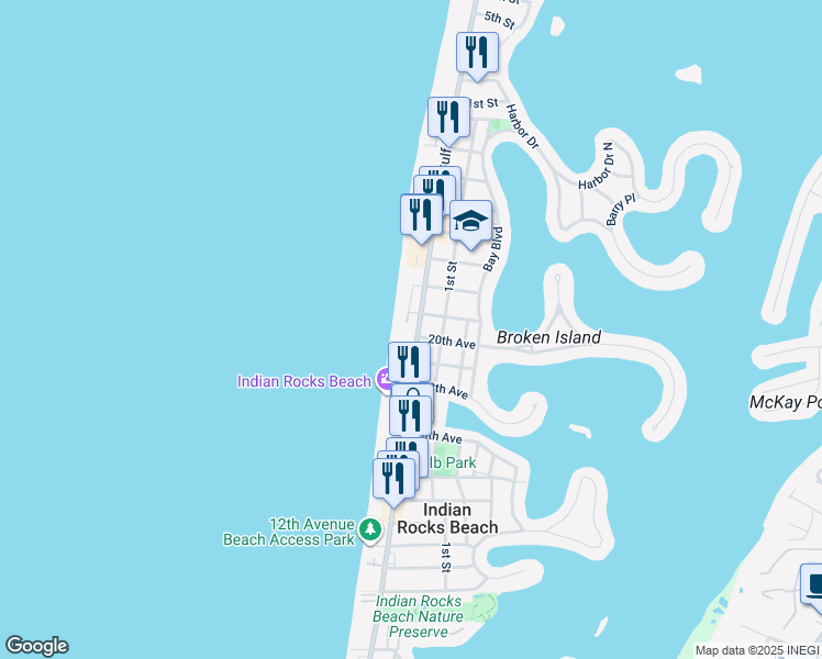 map of restaurants, bars, coffee shops, grocery stores, and more near 2 21st Avenue North in Indian Rocks Beach