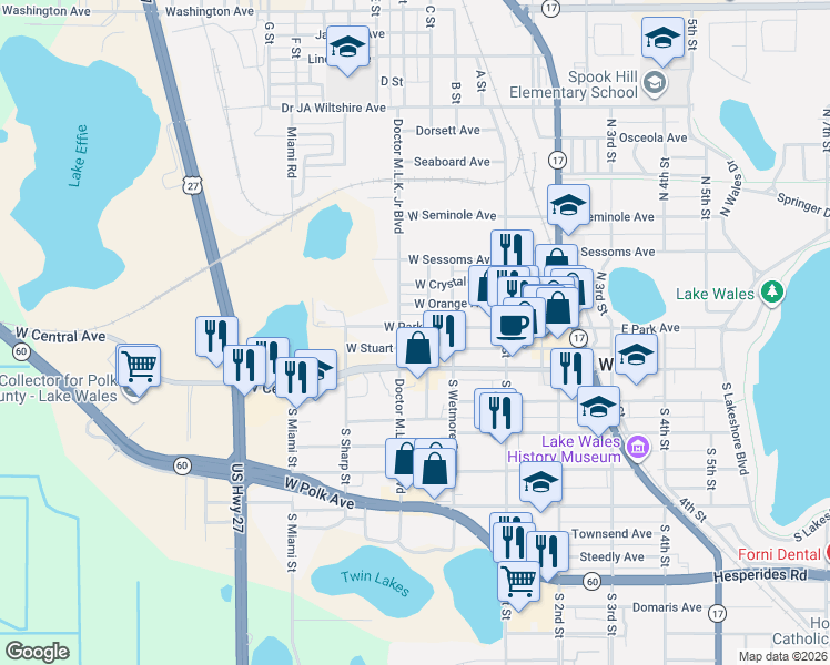 map of restaurants, bars, coffee shops, grocery stores, and more near 114 West Park Avenue in Lake Wales