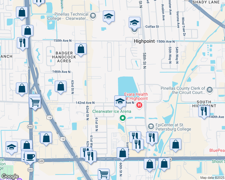 map of restaurants, bars, coffee shops, grocery stores, and more near 6021 142nd Avenue North in Clearwater