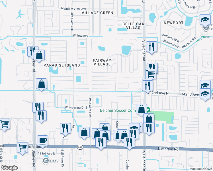 map of restaurants, bars, coffee shops, grocery stores, and more near 625-668 Fairway Blvd in Largo