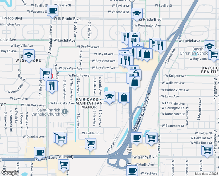 map of restaurants, bars, coffee shops, grocery stores, and more near 3817 North Oak Drive in Tampa