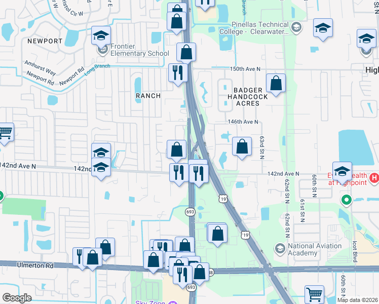 map of restaurants, bars, coffee shops, grocery stores, and more near 12831 66th Street North in Clearwater