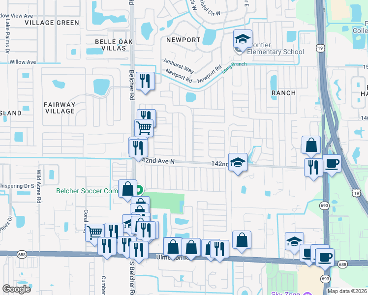 map of restaurants, bars, coffee shops, grocery stores, and more near Crown Cir in Largo