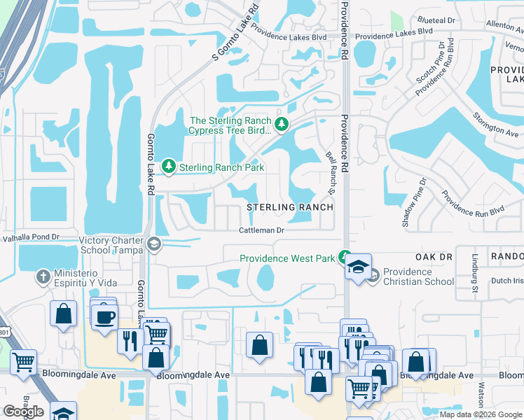 map of restaurants, bars, coffee shops, grocery stores, and more near 2104 Haydon Court in Brandon