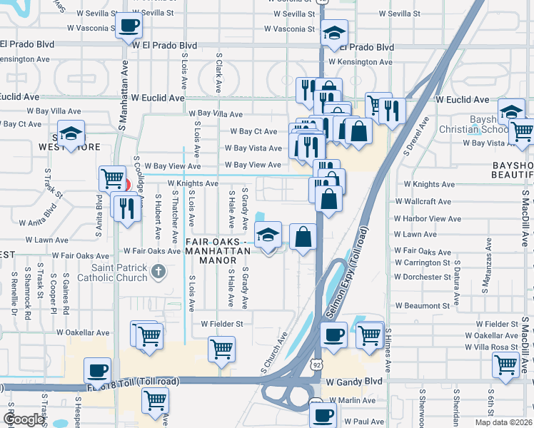 map of restaurants, bars, coffee shops, grocery stores, and more near 3817 North Oak Drive in Tampa