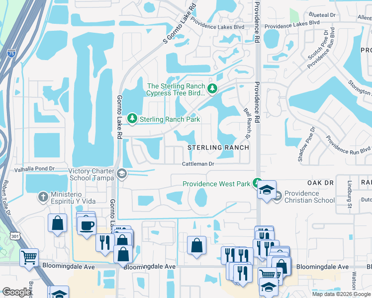 map of restaurants, bars, coffee shops, grocery stores, and more near 2022 Attaway Drive in Brandon