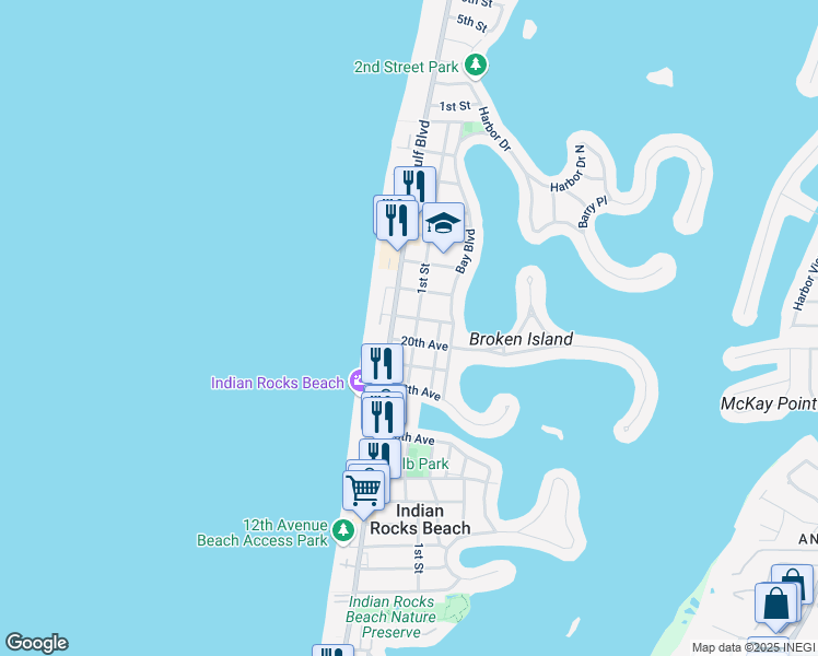 map of restaurants, bars, coffee shops, grocery stores, and more near 204 21st Avenue North in Indian Rocks Beach